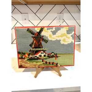 vintage needlepoint tapestry Dutch windmill scene mid century 10x14” wall decor